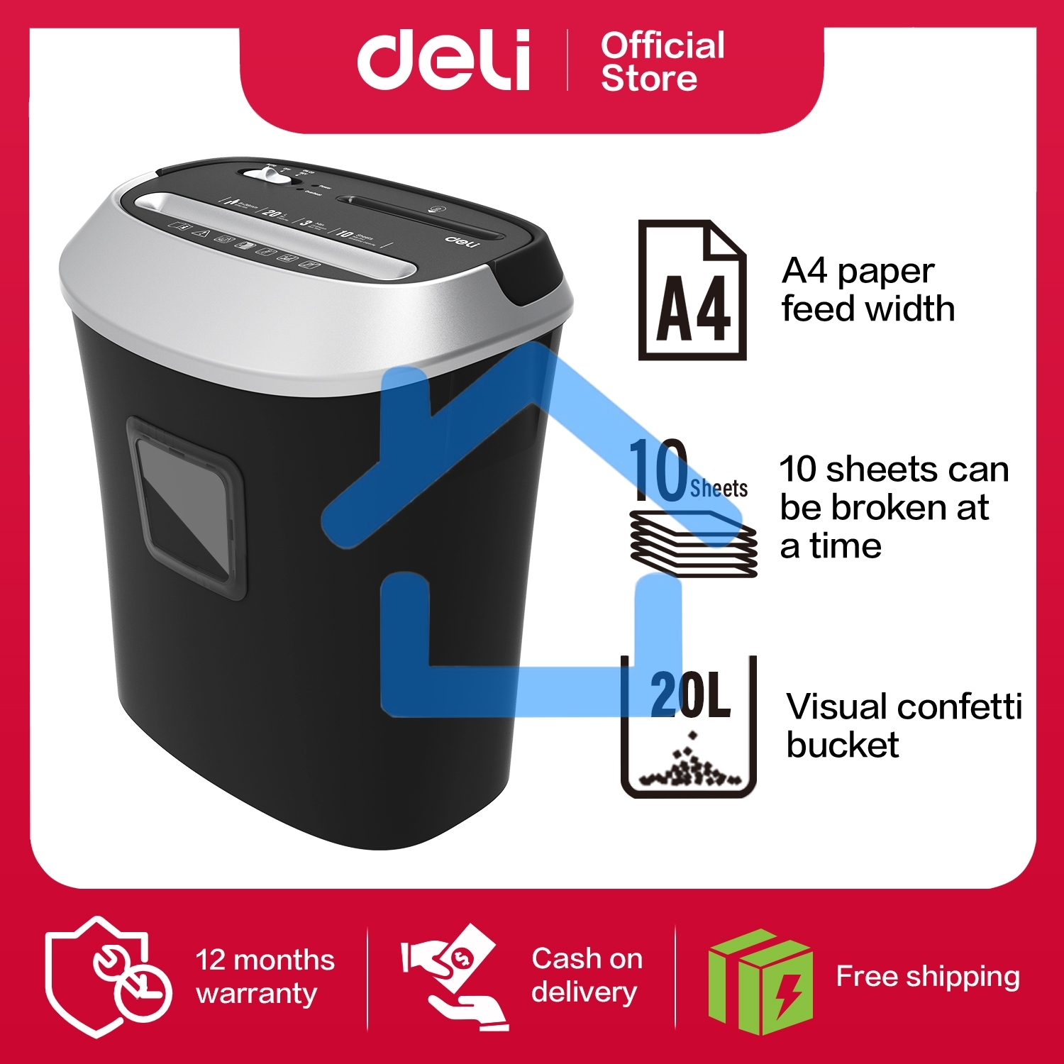 Уничтожитель бумаг Deli E9948, Shred capacity: 10 sheets; Shred size: 5*38мм; Security level: 3