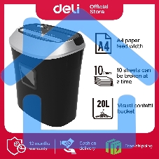 Уничтожитель бумаг Deli E9948, Shred capacity: 10 sheets; Shred size: 5*38мм; Security level: 3
