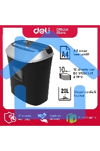 Уничтожитель бумаг Deli E9948, Shred capacity: 10 sheets; Shred size: 5*38мм; Security level: 3