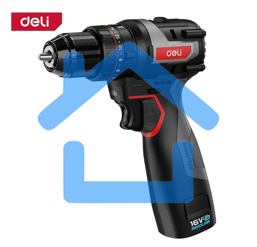 Дрель-шуруповерт Deli DE-CZ16-1D2, Аккумуляторная, 16В, 2 АКБ, Ударная, Сумка