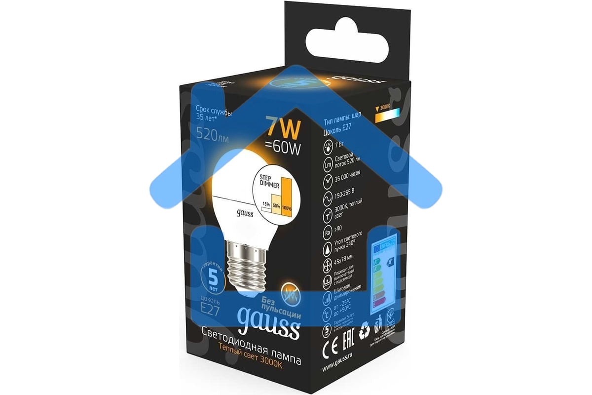 Лампа светодиодная Gauss LED Globe 7Вт E27 3000К step dimmable (диммир.) 105102107-S