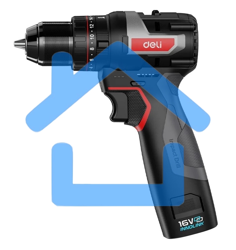 Дрель-шуруповерт Deli DE-CZ16-1D2, Аккумуляторная, 16В, 2 АКБ, Ударная, Сумка