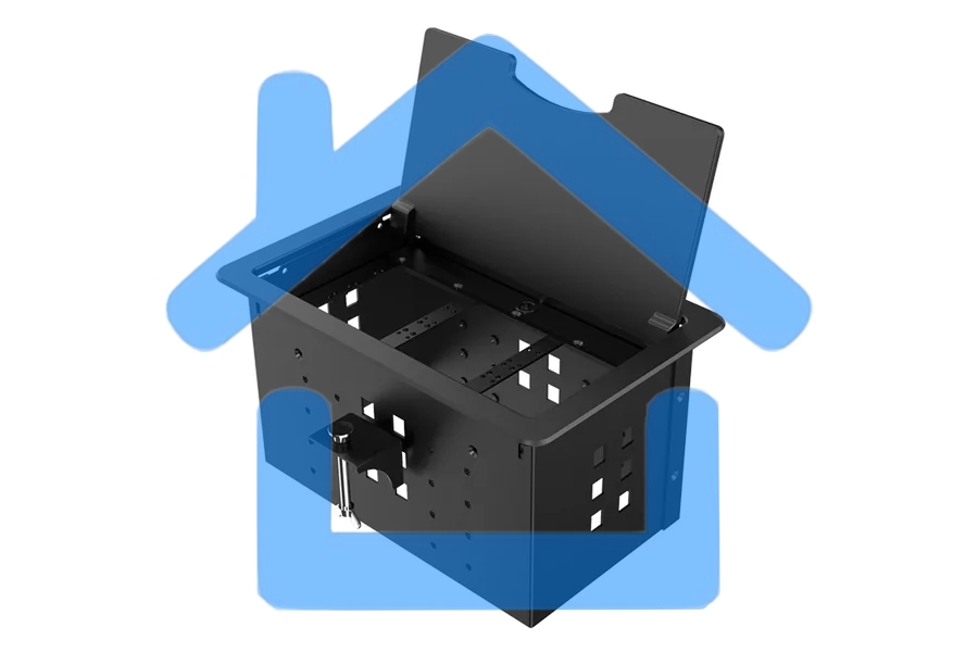 Прямоугольный металлический корпус Wize Pro WRTS-12BOX-B для модульной системы врезного лючка в стол с откидывающейся крышкой, до12 модулей-вставок, беспроводная зарядка 10Вт для моб.устройств на крышке, преустановленная рамка,черный