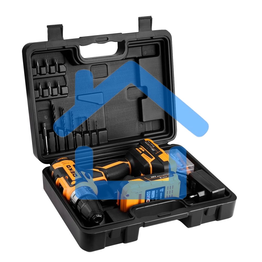 Дрель-шуруповерт Deko GCD20DU PRO, Аккумуляторная, 20В, 2 АКБ, Кейс + набор 63 инструмента для дома