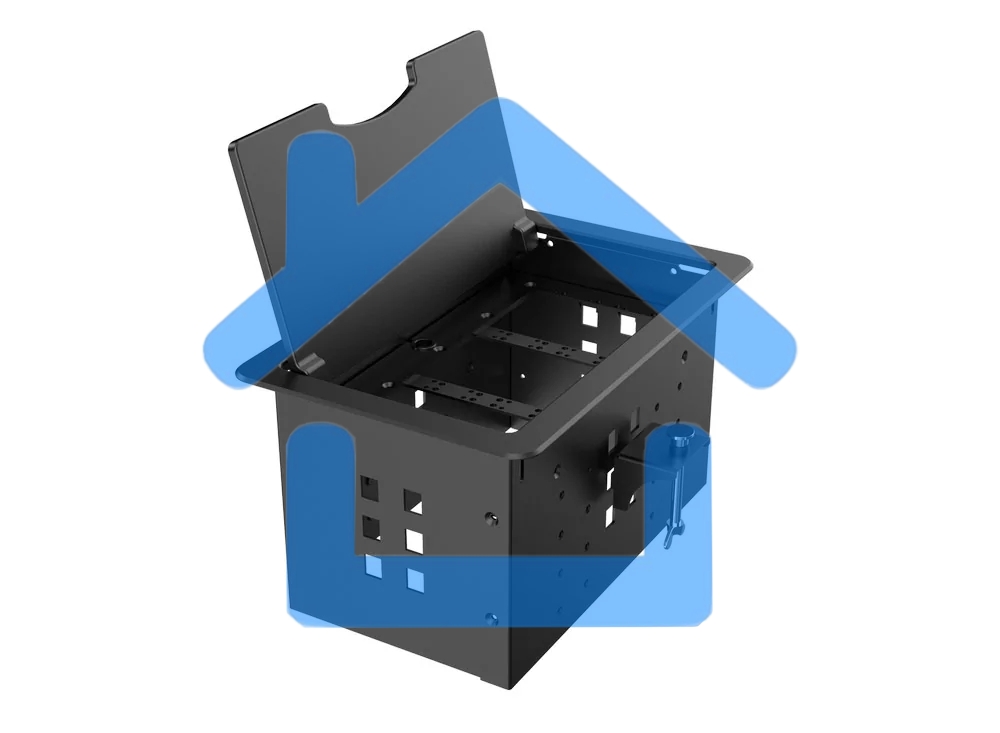 Прямоугольный металлический корпус Wize Pro WRTS-12BOX-B для модульной системы врезного лючка в стол с откидывающейся крышкой, до12 модулей-вставок, беспроводная зарядка 10Вт для моб.устройств на крышке, преустановленная рамка,черный