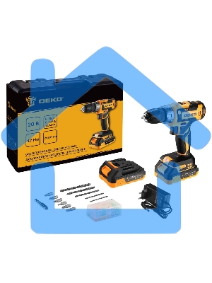 Дрель-шуруповерт Deko GCD20DU PRO, Аккумуляторная, 20В, 2 АКБ, Кейс + набор 63 инструмента для дома