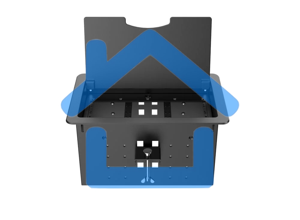 Прямоугольный металлический корпус Wize Pro WRTS-12BOX-B для модульной системы врезного лючка в стол с откидывающейся крышкой, до12 модулей-вставок, беспроводная зарядка 10Вт для моб.устройств на крышке, преустановленная рамка,черный