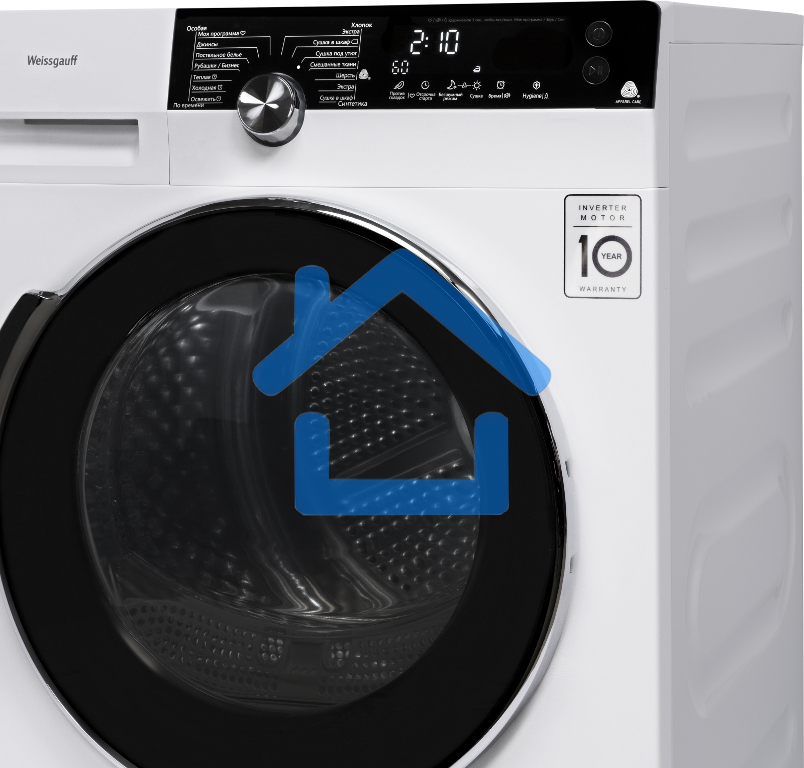 Сушильная машина Weissgauff WD 599 DC Inverter Heat Pump белый, 9 кг, сушка - тепловой насос, программ - 14, 59.5 x 84.5 x 64 см