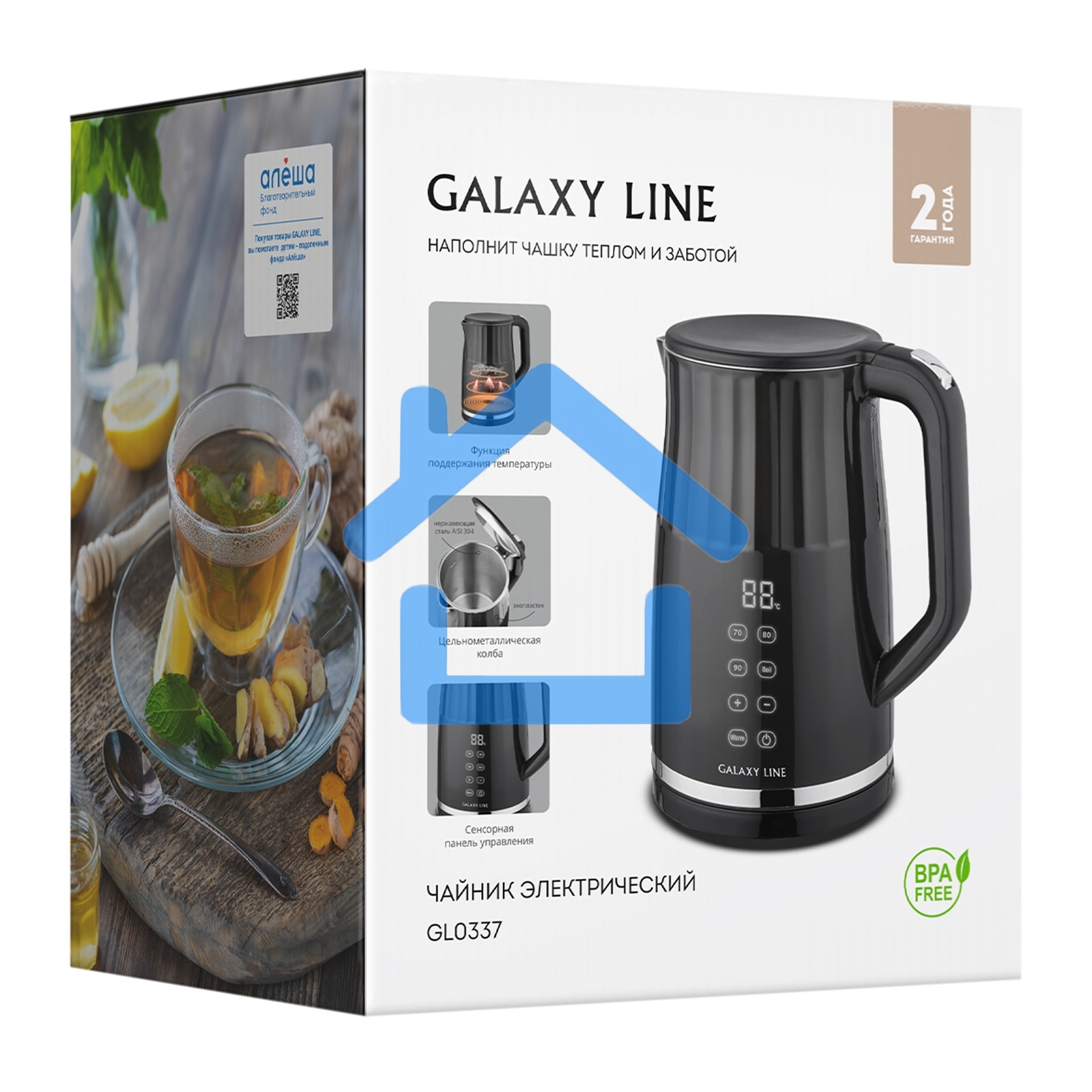 Чайник электрический Galaxy Line GL 0337, черный, пластик, 2200 Вт, 1,7 л