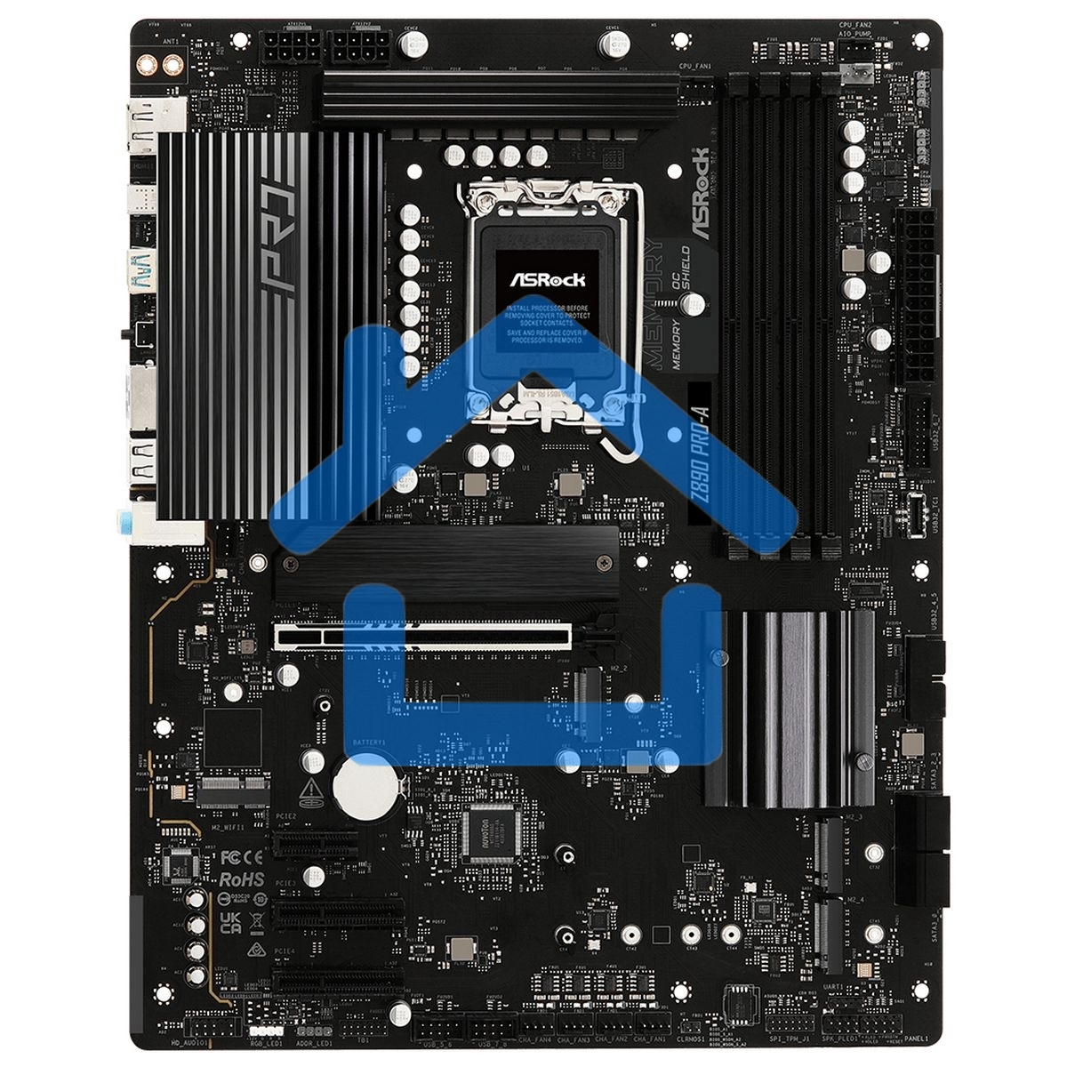 Материнская плата ASRock Z890 Pro-A, LGA 1851, Intel Z890, 4xDDR5, 4xSATA, 4xM.2, 1xPCIe 5.0 x16, 2xPCIe x4, 1xPCIe x1, 1xUSB-C 3.2 Gen 2x2, 1xUSB-A 3.2 Gen 2, 2xUSB-A 3.2 Gen 1, 4xUSB 2.0, 1xHDMI, 1xDP, 1x2.5Gb LAN, 3x3.5 мм, 7.1, ATX