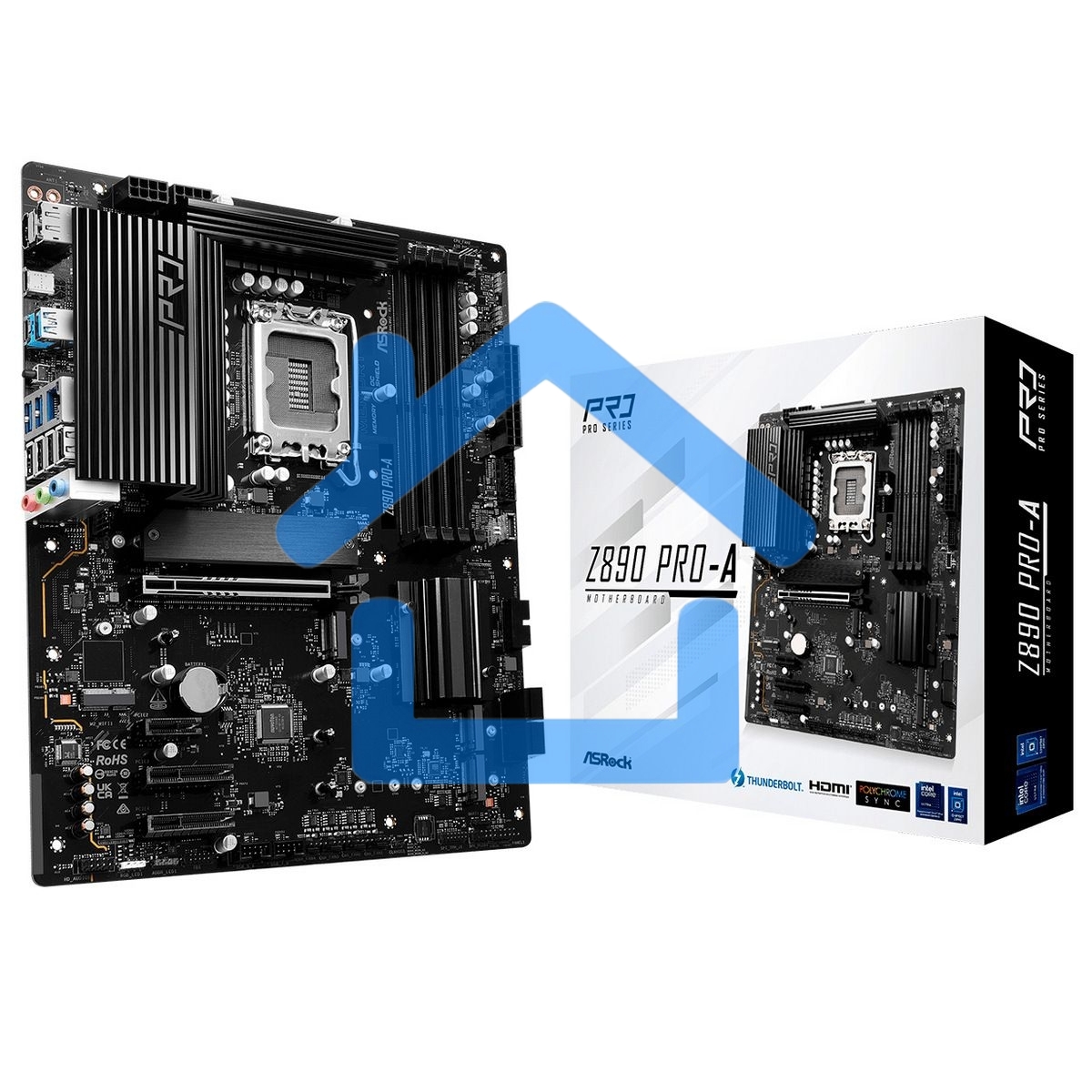 Материнская плата ASRock Z890 Pro-A, LGA 1851, Intel Z890, 4xDDR5, 4xSATA, 4xM.2, 1xPCIe 5.0 x16, 2xPCIe x4, 1xPCIe x1, 1xUSB-C 3.2 Gen 2x2, 1xUSB-A 3.2 Gen 2, 2xUSB-A 3.2 Gen 1, 4xUSB 2.0, 1xHDMI, 1xDP, 1x2.5Gb LAN, 3x3.5 мм, 7.1, ATX