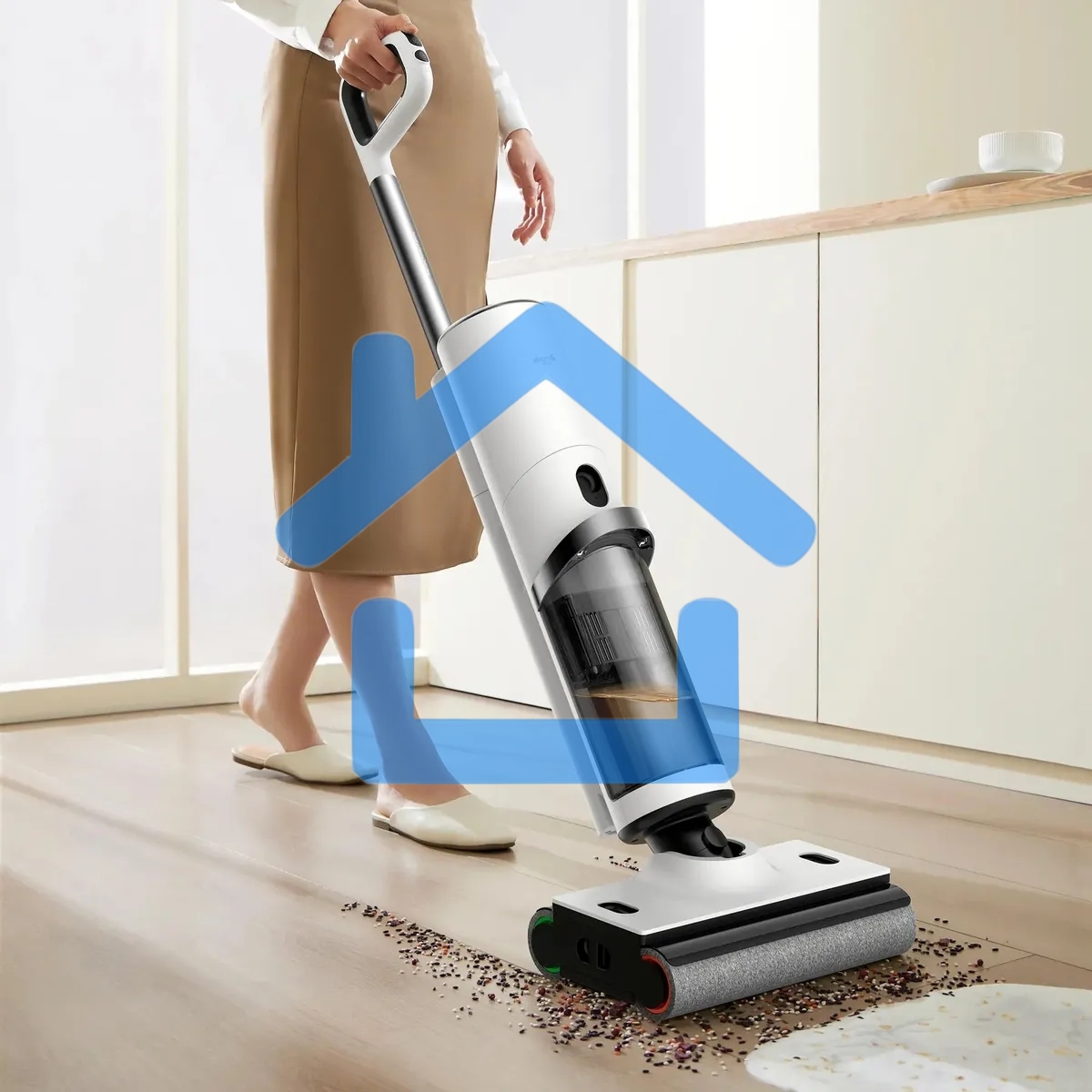 Пылесос моющий Deerma DEM-VX910W белый/черный, питание от аккумулятора, 230 Вт, уборка влажная/сухая, пылесборник 0.7 л, работа от АКБ max - 45 мин