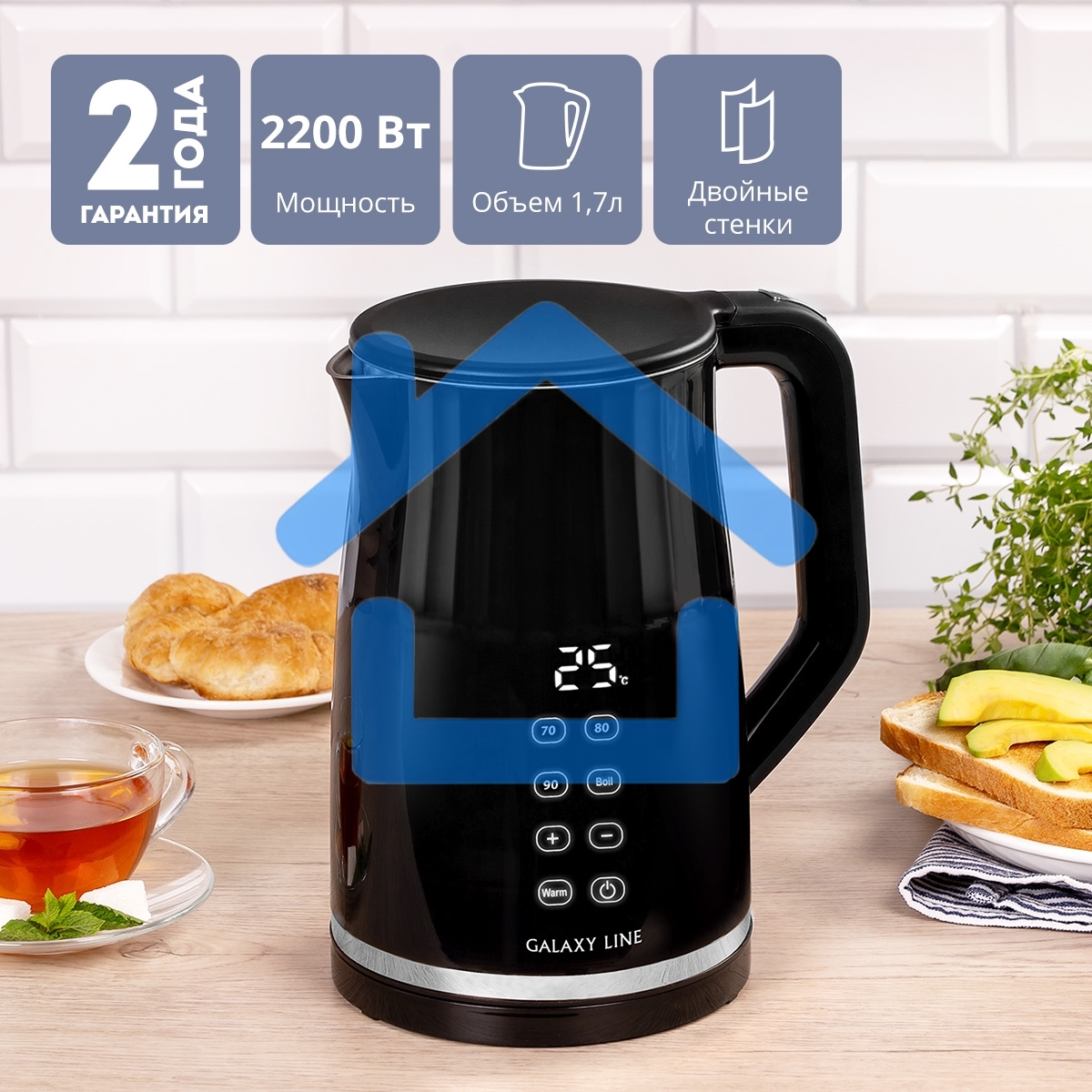 Чайник электрический Galaxy Line GL 0337, черный, пластик, 2200 Вт, 1,7 л