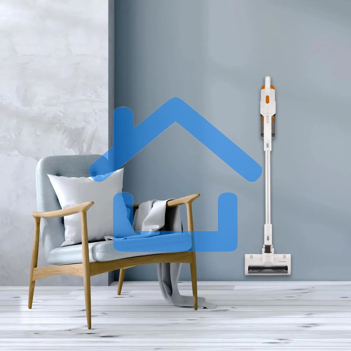 Пылесос вертикальный Coolfort CF-3001 белый, питание от аккумулятора, 150 Вт, уборка сухая, пылесборник 0.5 л, работа от АКБ max 30 мин.