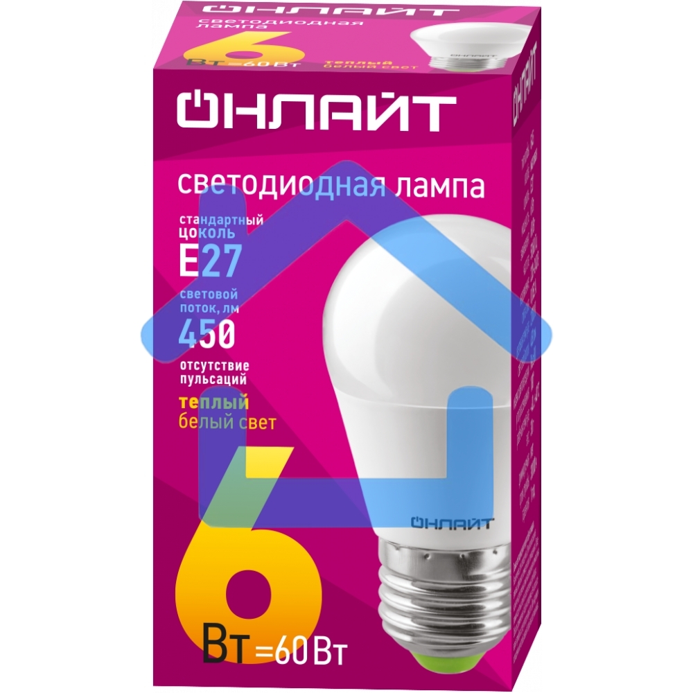 Лампа светодиодная ОНЛАЙТ 71645 OLL-G45-6-230-2.7K-E27 6 Вт шар 2700К тепл. бел. E27 450лм 176-264В
