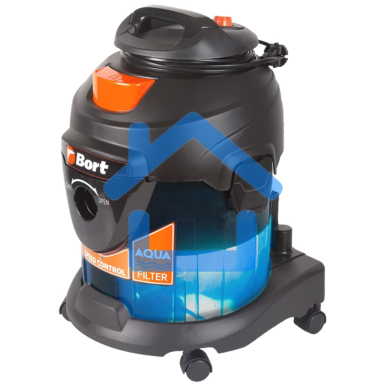 Строительный пылесос Bort BSS-1415-Aqua черный/синий, 200/1400 Вт, уборка сухая/влажная, пылесборник мешок/контейнер, 15 л