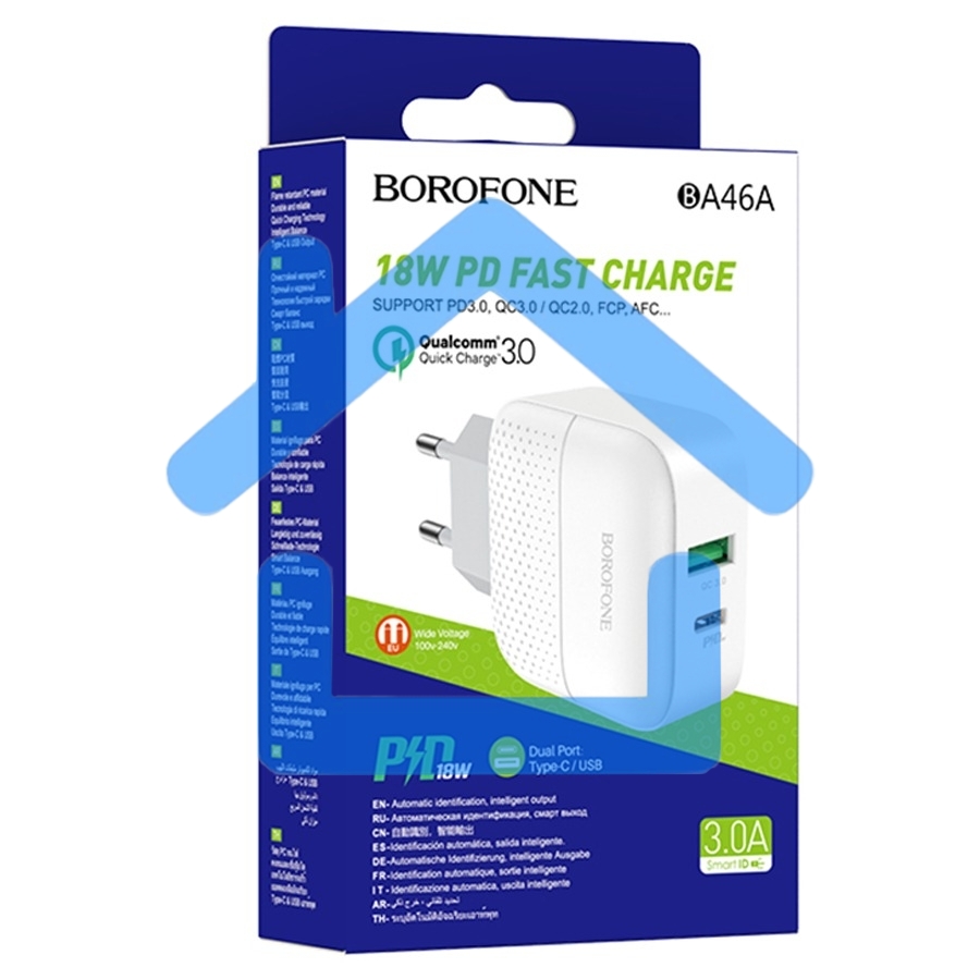 Зарядное устройство BOROFONE BA46A Premium, один порт USB, один порт Type-C, PD, 18W, 5V, 3.0A, белый