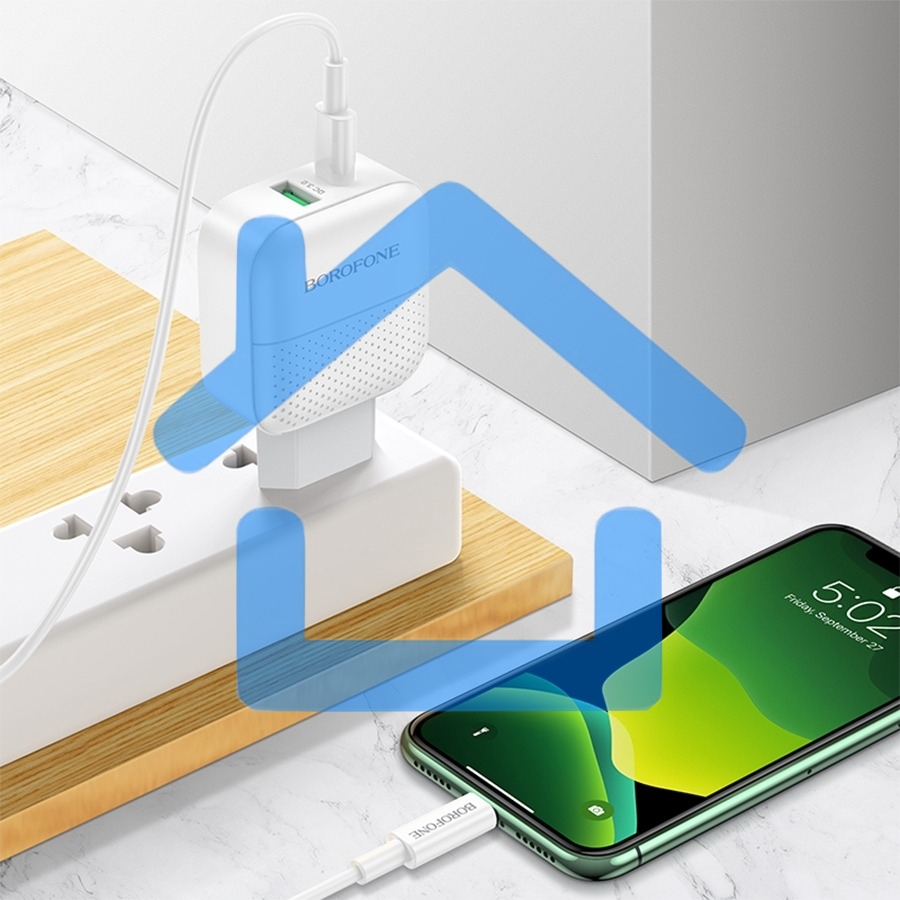 Зарядное устройство BOROFONE BA46A Premium, один порт USB, один порт Type-C, PD, 18W, 5V, 3.0A, белый
