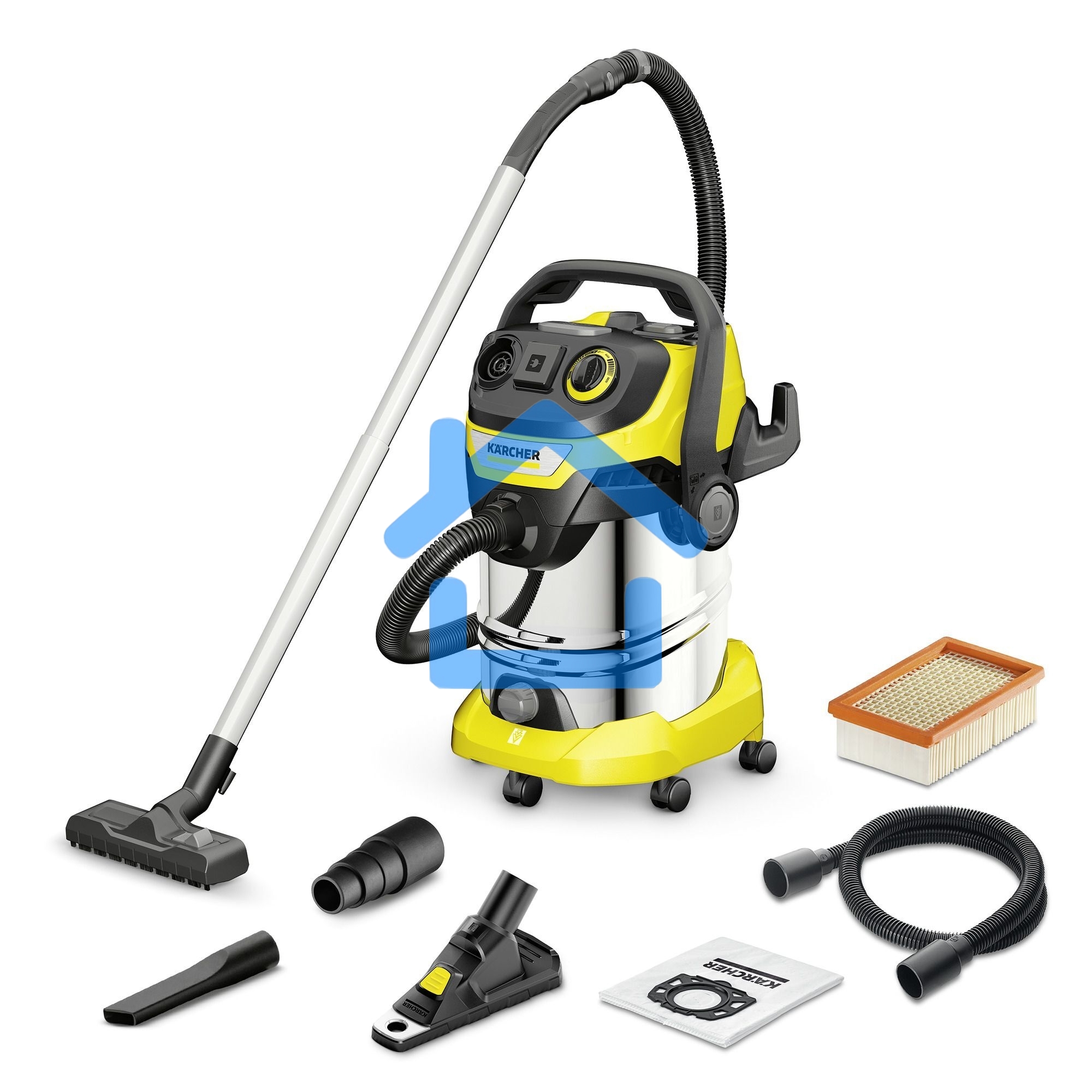 Строительный пылесос Karcher WD 6 P S V-30/6/22/T + DDC (YSY) желтый, 1300 Вт, уборка сухая/сбор воды, пылесборник мешок/контейнер, 30 л