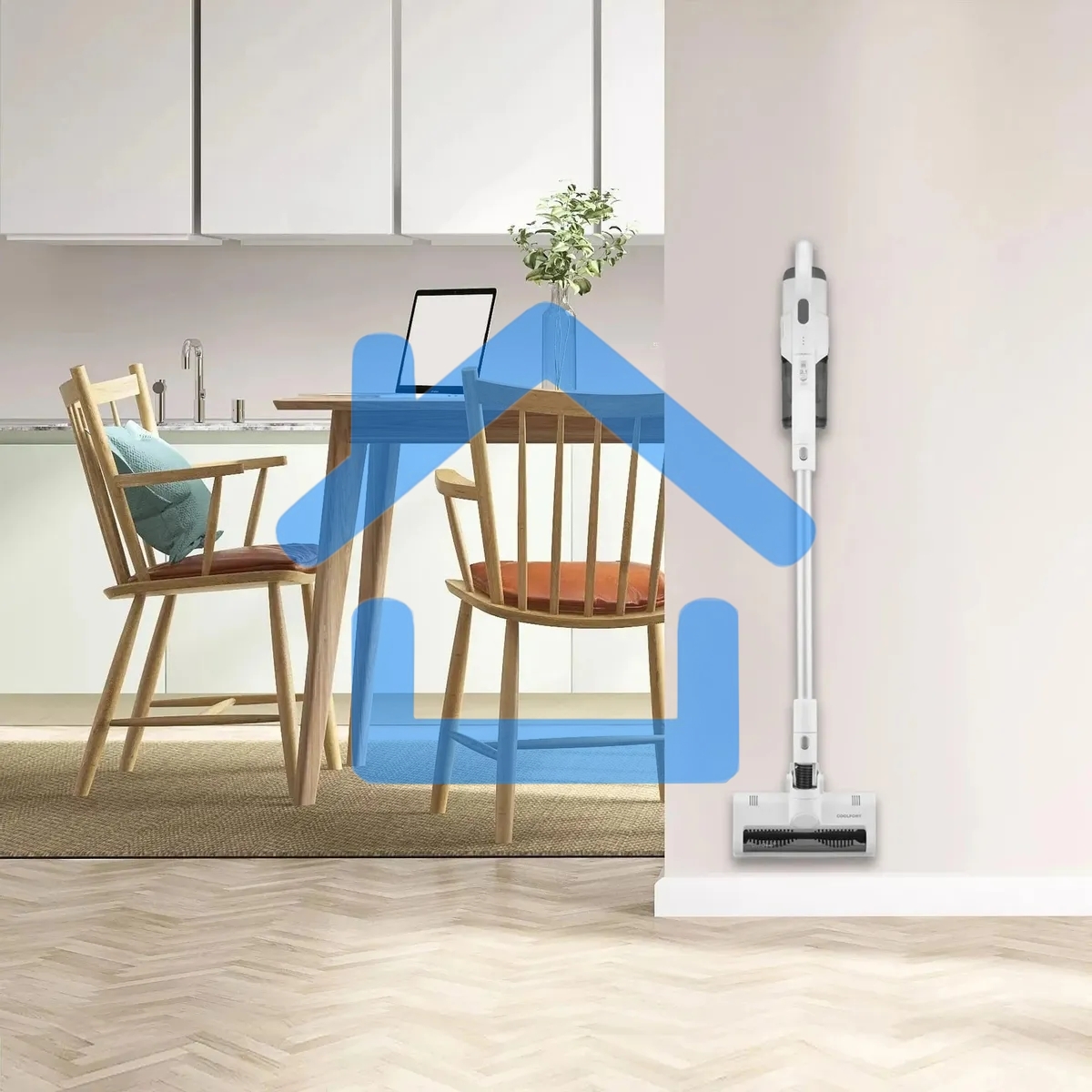 Пылесос вертикальный Coolfort CF-3003 белый, питание от аккумулятора, 260 Вт, уборка сухая, пылесборник 0.5 л, работа от АКБ max 40 мин.