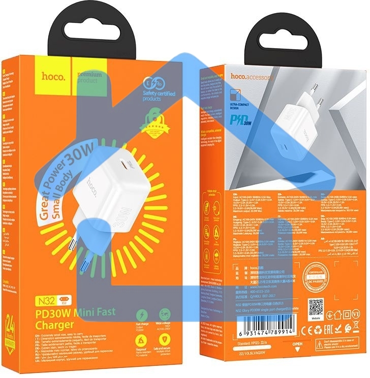 Сетевое зарядное устройство Hoco N32 Glory White 30W 3A+2A+1.5A (PD+QC+AFC) USB Type-C универсальное белый