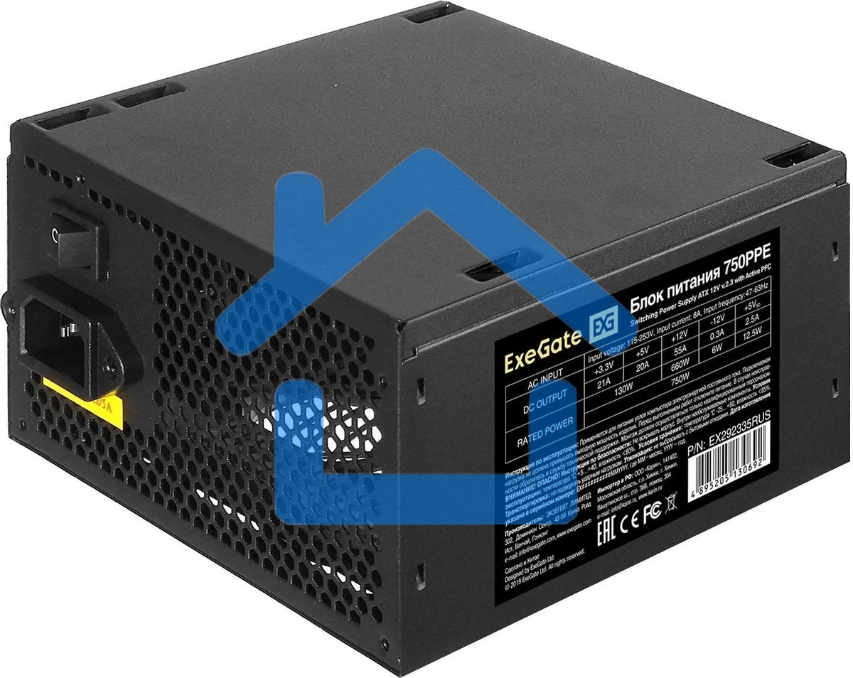 Блок питания ExeGate 750PPE, 750W, (ATX, APFC, PC, КПД 80% (80 PLUS), 12cm fan, 24pin, 2x(4+4)pin, 4xPCI-E, 6xSATA, 3xIDE, черный, кабель 220V в комплекте 1,8м)