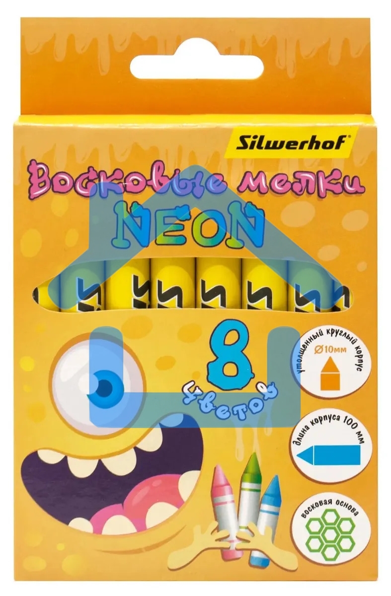 Восковые мелки Silwerhof Neon Монстрики 8 цветов, длина 100мм, диаметр 10мм, картонная коробка