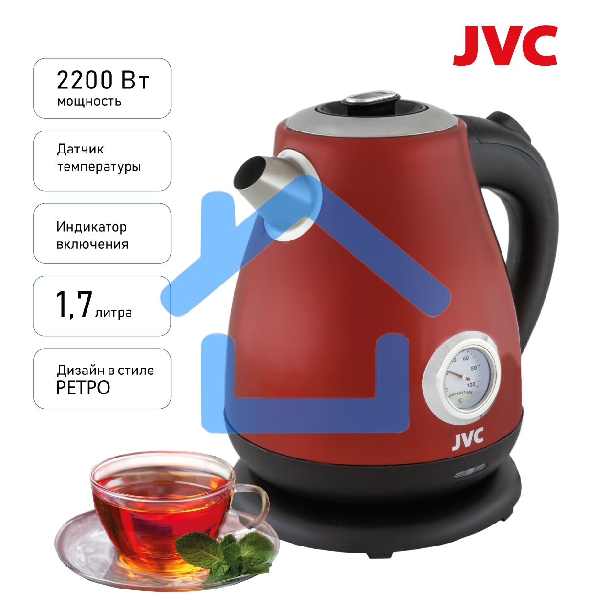 Чайник электрический JVC JK-KE1717 red, объем 1,7л, максимальная мощность 2200 Вт