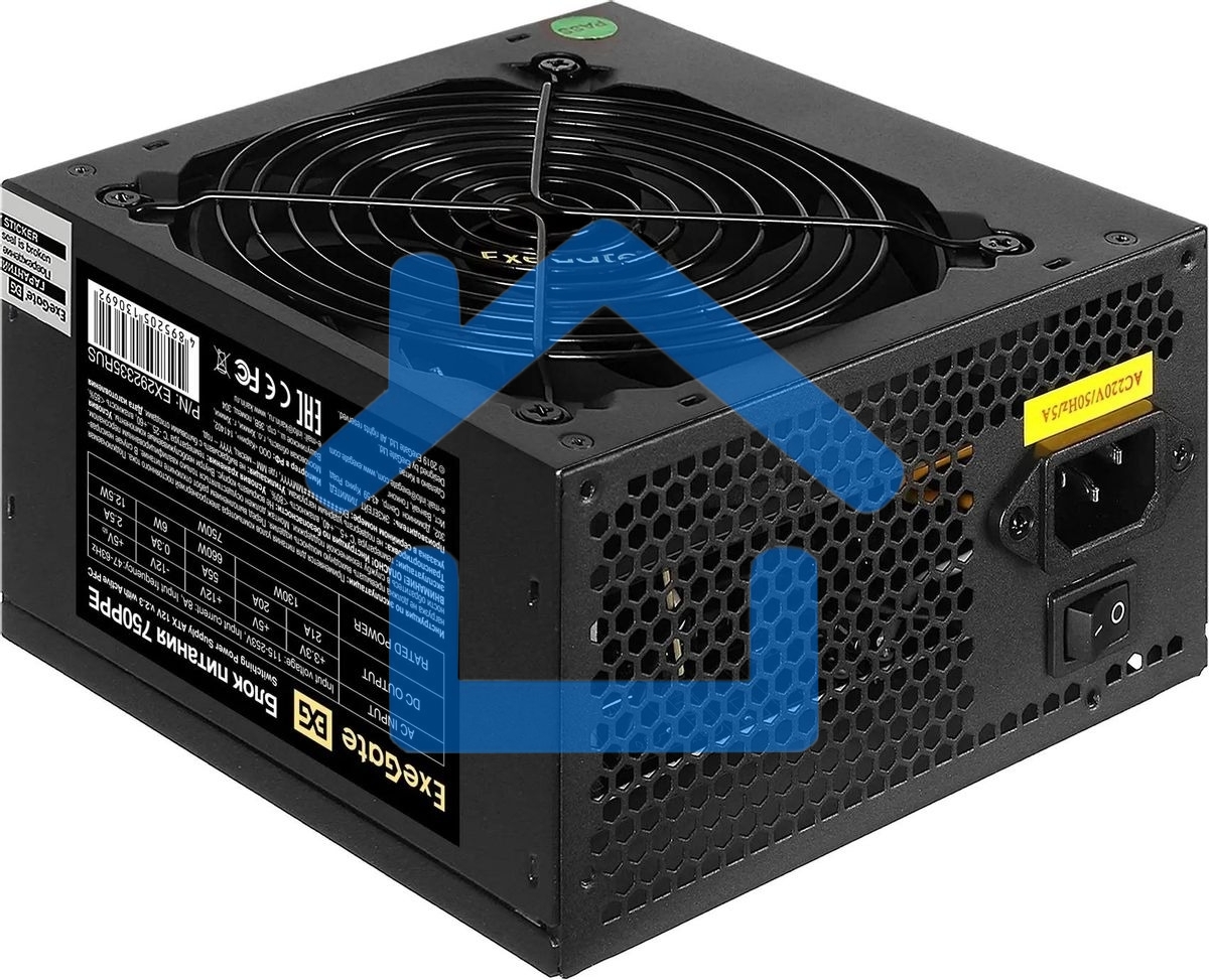 Блок питания ExeGate 750PPE, 750W, (ATX, APFC, SC, КПД 80% (80 PLUS), 12cm fan, 24pin, 2x(4+4)pin, 4xPCI-E, 6xSATA, 3xIDE, черный, кабель 220V 1,8м с защитой от выдергивания)