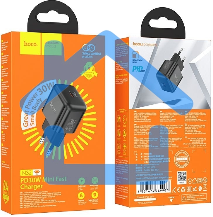 Сетевое зарядное устройство Hoco N32 Glory Black 30W 3A+2A+1.5A (PD+QC+AFC) USB Type-C универсальное черный