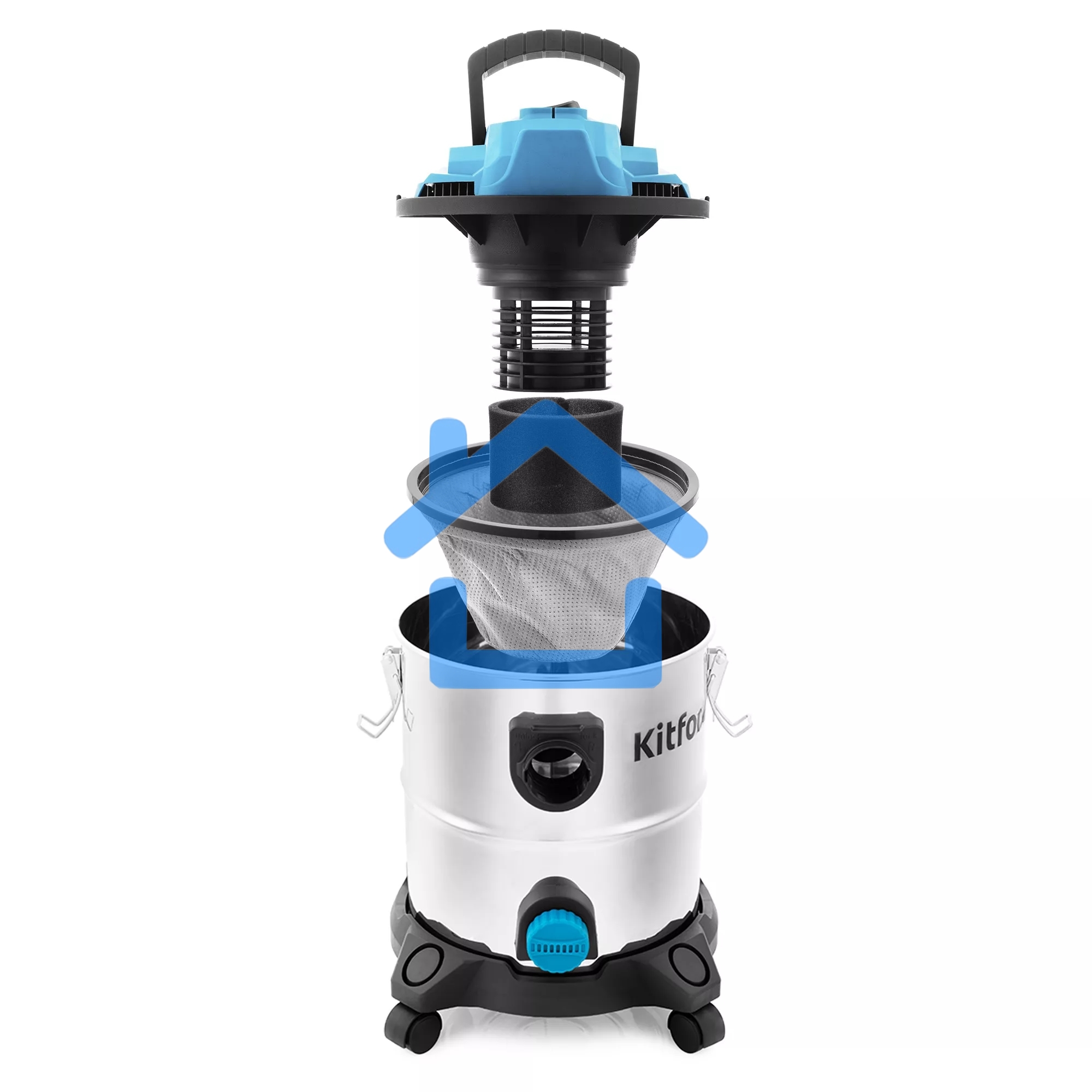 Хозяйственный пылесос Kitfort КТ-548 голубой/серебристый, 1000 Вт, уборка сухая/влажная/сбор жидкости, пылесборник контейнер/мешок, 20 л