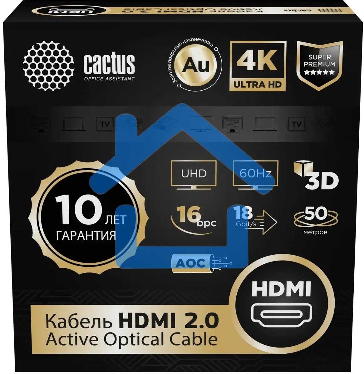 Кабель аудио-видео Cactus CS-HDMI-AOC-2-50 HDMI (m)/HDMI (m) 50м. позолоч.конт. черный