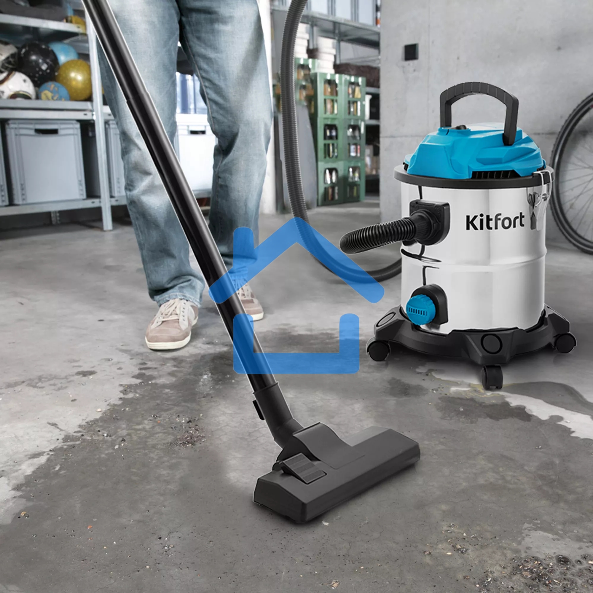 Хозяйственный пылесос Kitfort КТ-548 голубой/серебристый, 1000 Вт, уборка сухая/влажная/сбор жидкости, пылесборник контейнер/мешок, 20 л