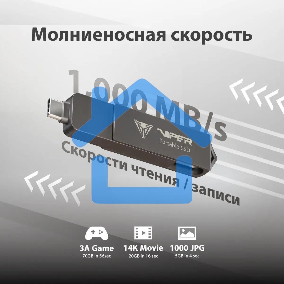 Внешний SSD Patriot Viper, 2TB, USB 3.2 Gen 2 Type-A/Type-C, R/W 1000/1000, черный