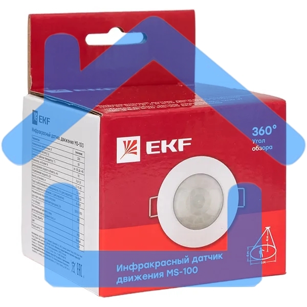 Датчик движения EKF dd-ms-100 (ИК) MS-100 (ДД) встраив. 1200 Вт 360 град. до 6 м IP20