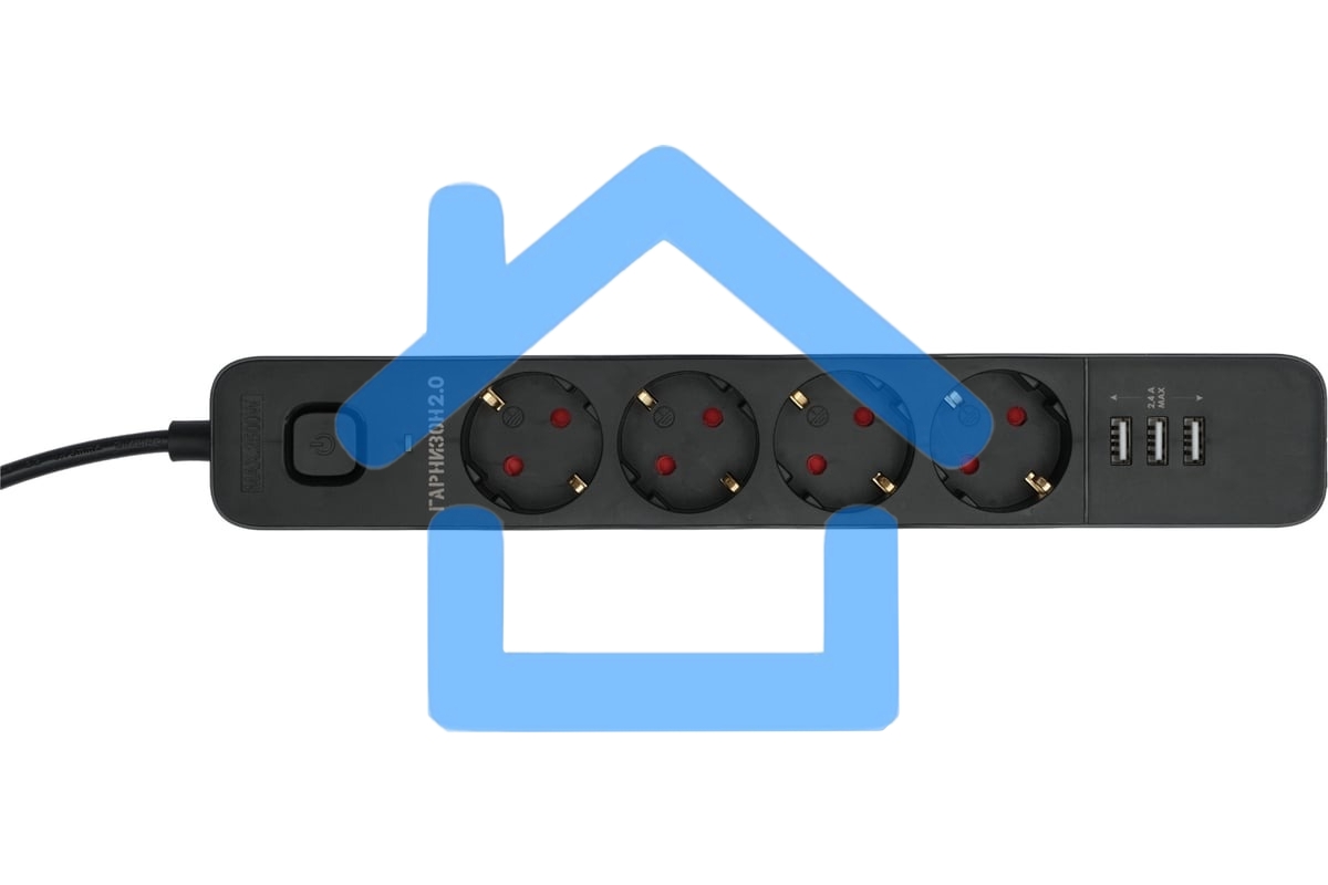 Сетевой фильтр Гарнизон 2.0 Мультипорт EPS-4-U3-B-2, 4 р, 10А, 3xUSB, 2м, ур.защиты 2+, черный, пакет