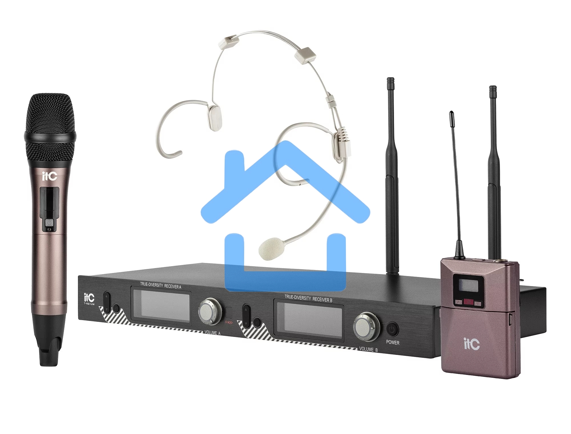 Радиосистема ITC T-521UV UHF двухканальная радиосистема с головным и ручным микрофонами, LCD дисплей, частотный диапазон 470-510 MHz.