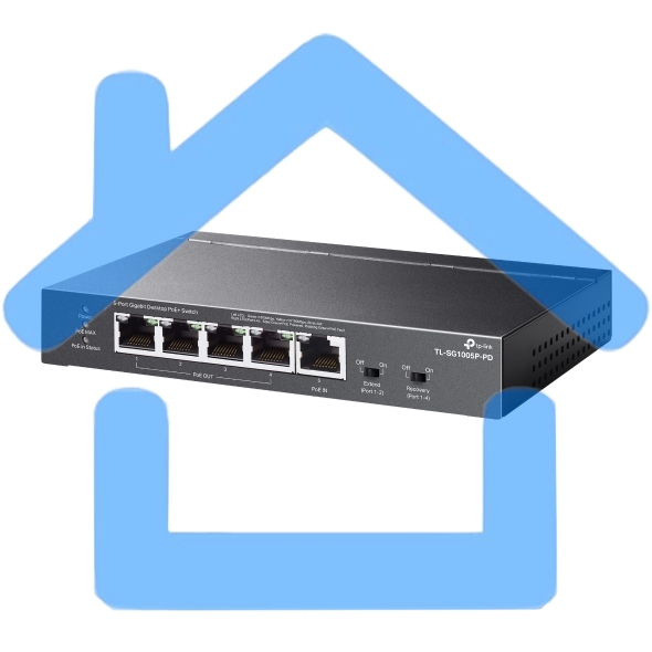 Настольный коммутатор TP-Link TL-SG1005P-PD с 5 гиг. портами (1 порт с входящим PoE++, 4 порта с исходящим PoE+), бюджет PoE: 9, 21, 47 или 66 Вт (зависит от используемого стандарта входящего PoE)