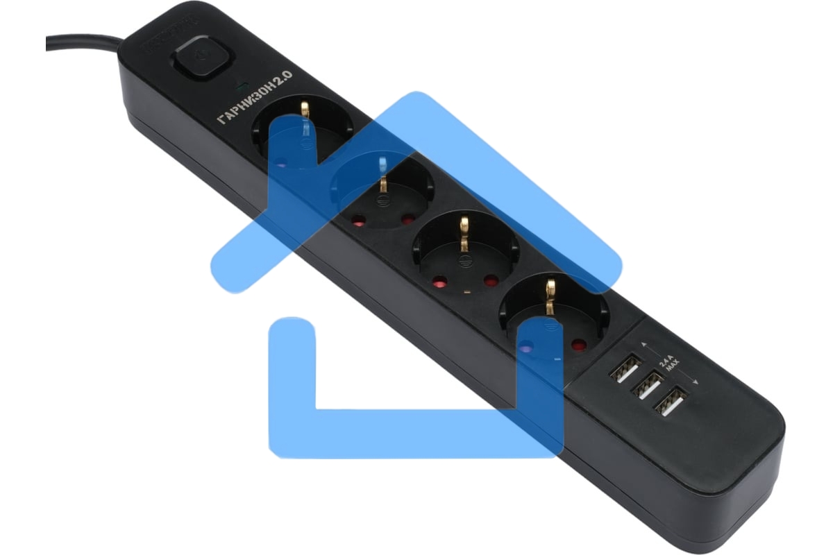 Сетевой фильтр Гарнизон 2.0 Мультипорт EPS-4-U3-B-2, 4 р, 10А, 3xUSB, 2м, ур.защиты 2+, черный, пакет