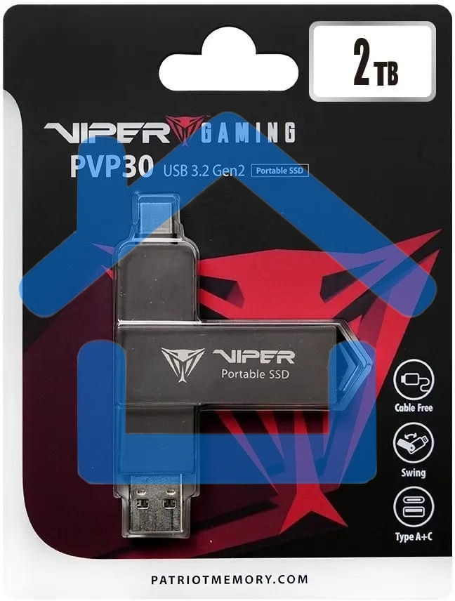 Внешний SSD Patriot Viper, 2TB, USB 3.2 Gen 2 Type-A/Type-C, R/W 1000/1000, черный
