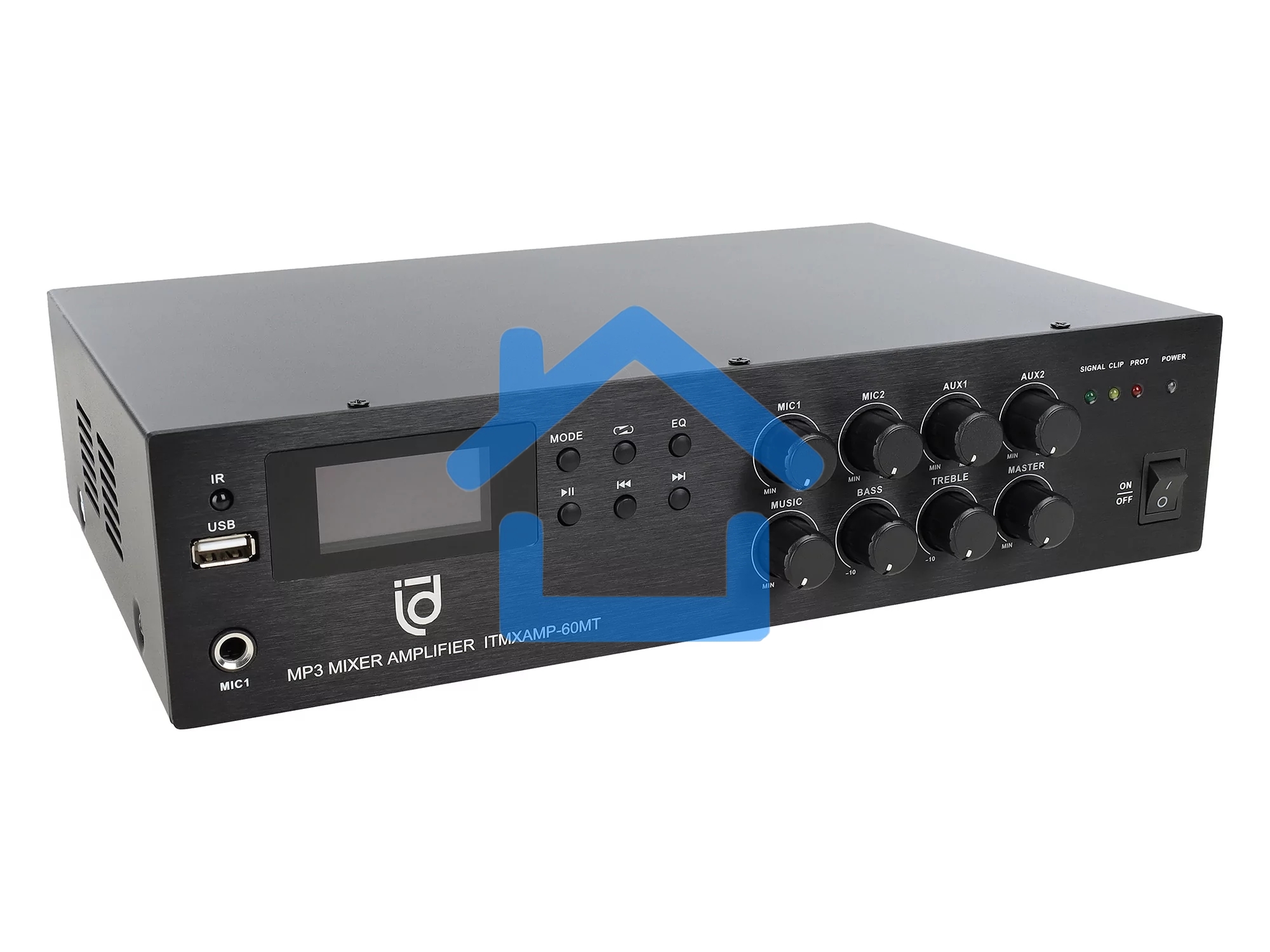 Микшер-усилитель Intrend ITMXAMP-60MT MP3, FM тюнер, USB, Bluetooth, 2хMic/3хLine входы, 1хLine выход,60 Вт, 4/8Ом/100V, IR-пульт в комплекте