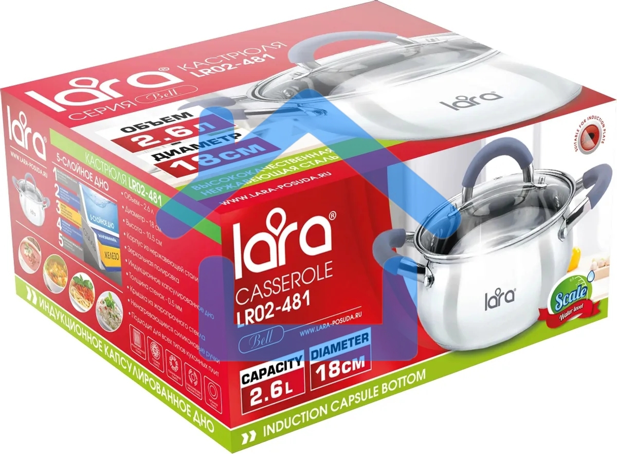 Кастрюля LARA LR02-481 BELL 18x10,5 см, 2,6 л, нержавеющая сталь, индукционное дно, силиконовая ручка, стеклянная крышка