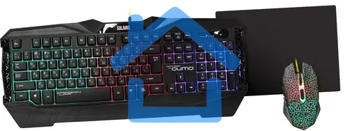 Игровой набор Qumo Solaris, клавиатурапроводная K03, 104 клавиши, встроенная радужная подсветка, мышь проводная M10, оптическая, 800/1200/1600/2200 dpi, коврик