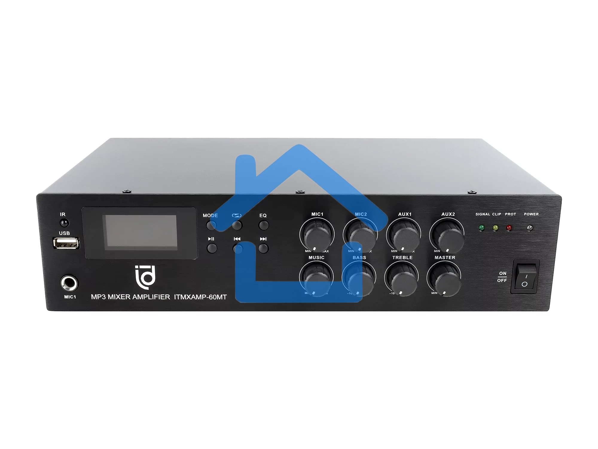 Микшер-усилитель Intrend ITMXAMP-60MT MP3, FM тюнер, USB, Bluetooth, 2хMic/3хLine входы, 1хLine выход,60 Вт, 4/8Ом/100V, IR-пульт в комплекте
