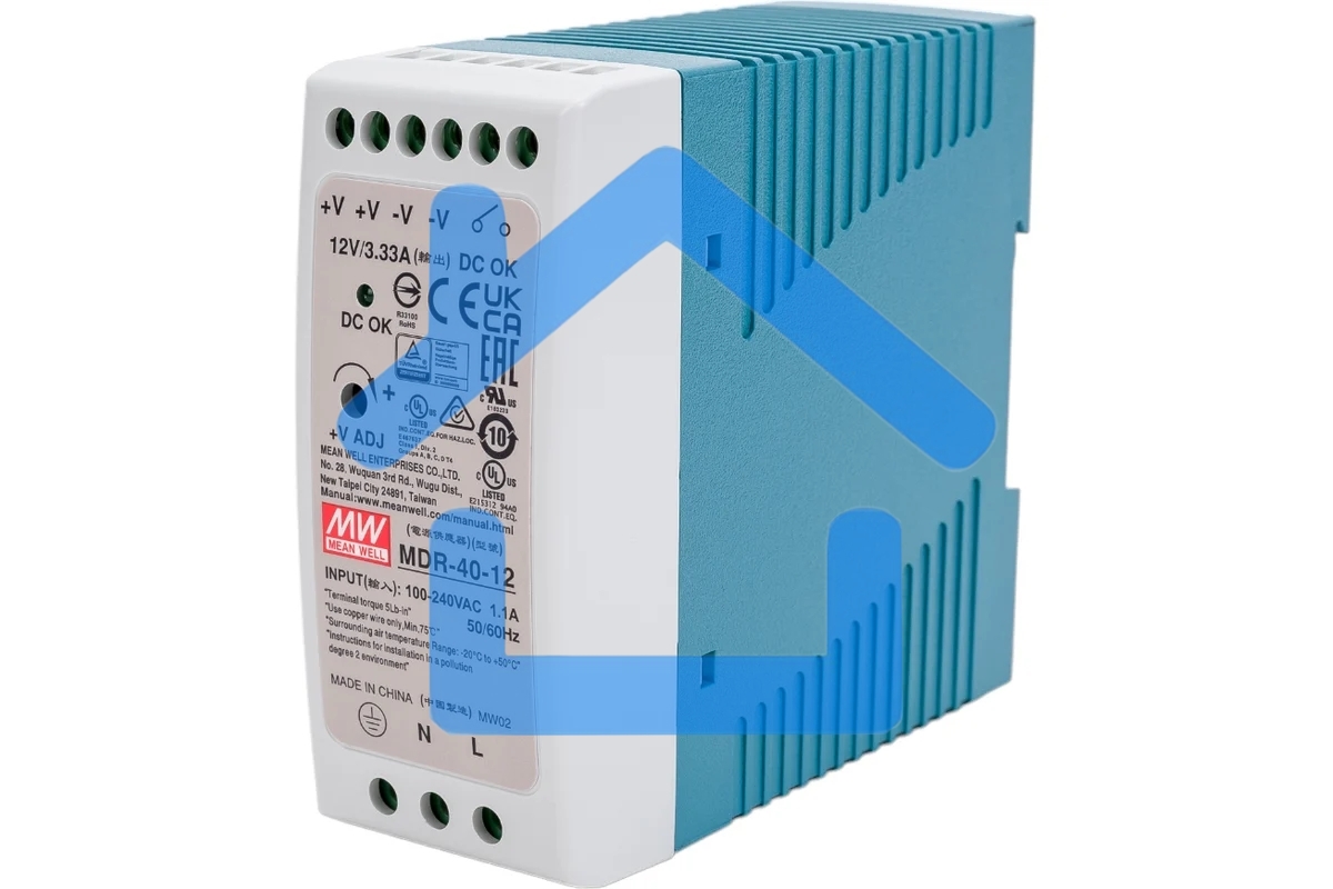 Блок питания AC-DC, 40Вт, на DIN рейку, вход 85-264В AC, 47-63Гц, 120-370В DC, выход 12В,3,33А, регулировка 12-15В, в кожухе
