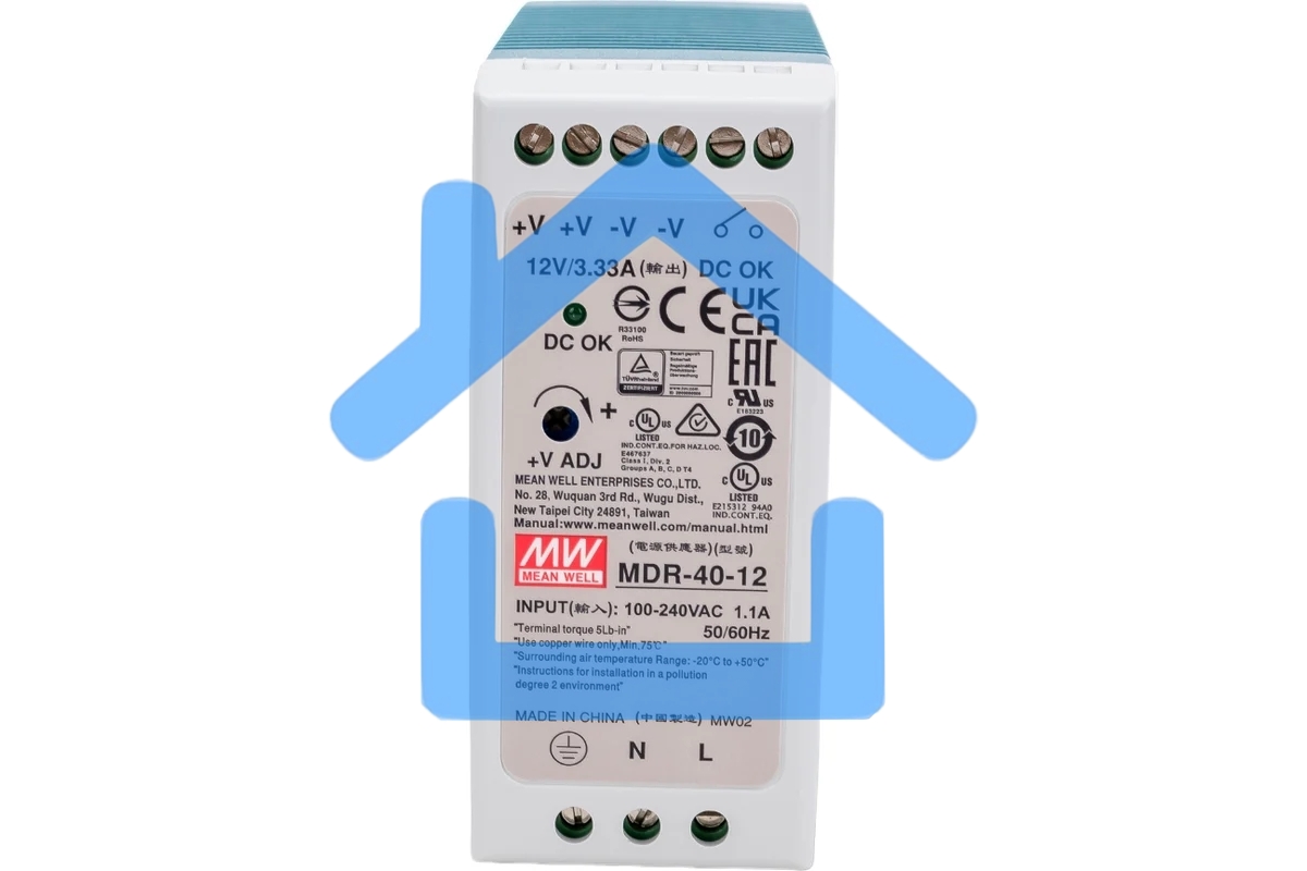 Блок питания AC-DC, 40Вт, на DIN рейку, вход 85-264В AC, 47-63Гц, 120-370В DC, выход 12В,3,33А, регулировка 12-15В, в кожухе