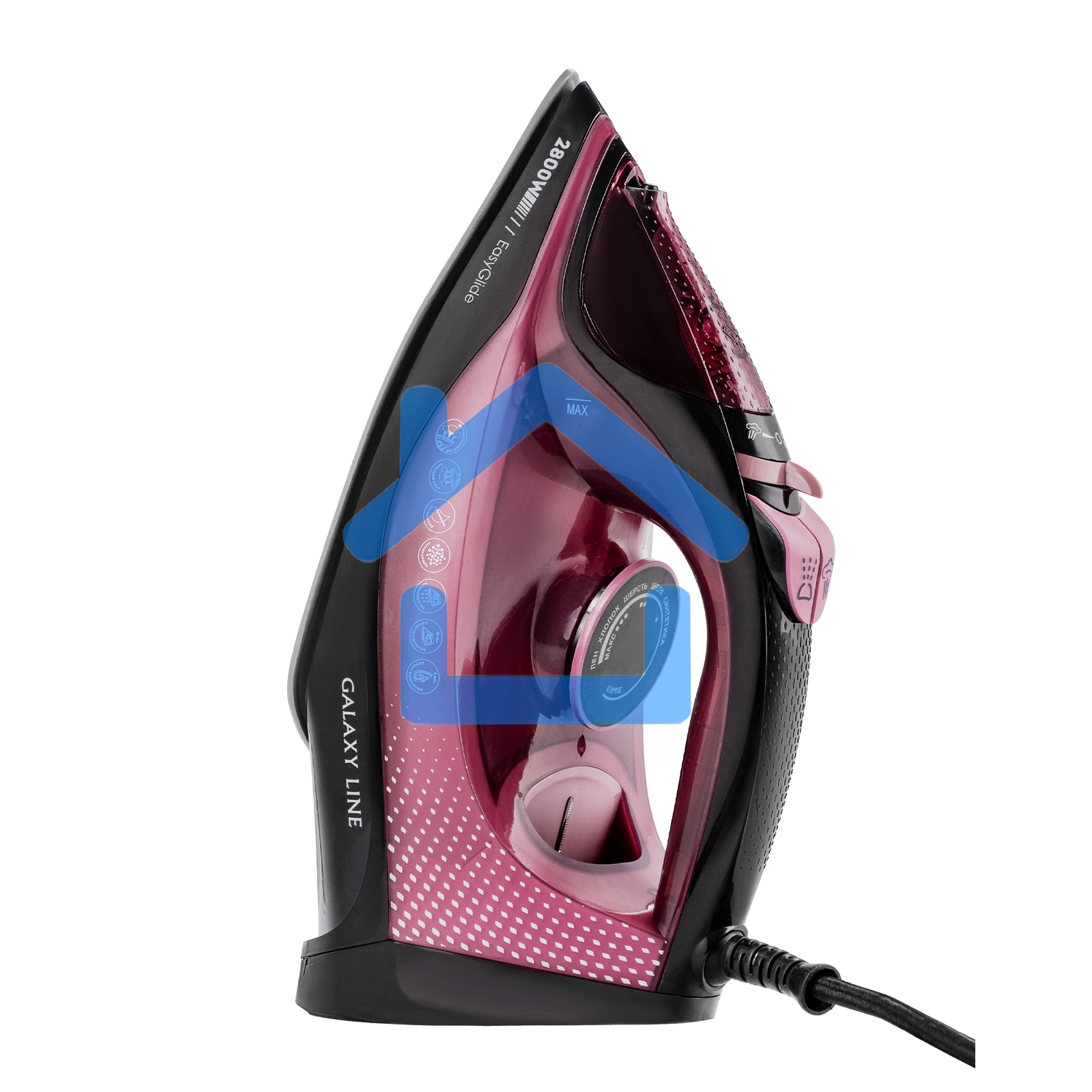 Утюг Galaxy Line GL 6132, розовый с черным, паровой, 2800 Вт, керамическое покрытие EasyGlide, функции: самоочистка, антикапля, антинакипь, указатель максимального уровня воды, индикатор нагрева, вертикальное отпаривание, паровой удар, регулировка подачи 