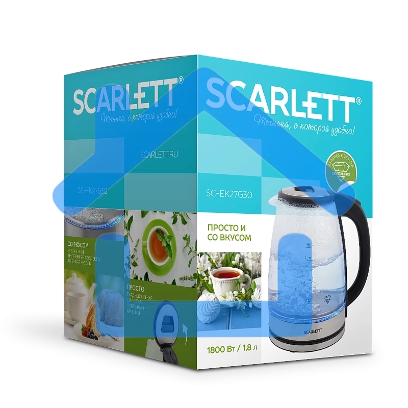 Чайник электрический Scarlett SC-EK27G30, 1800Вт, 1.8л, сталь/черный