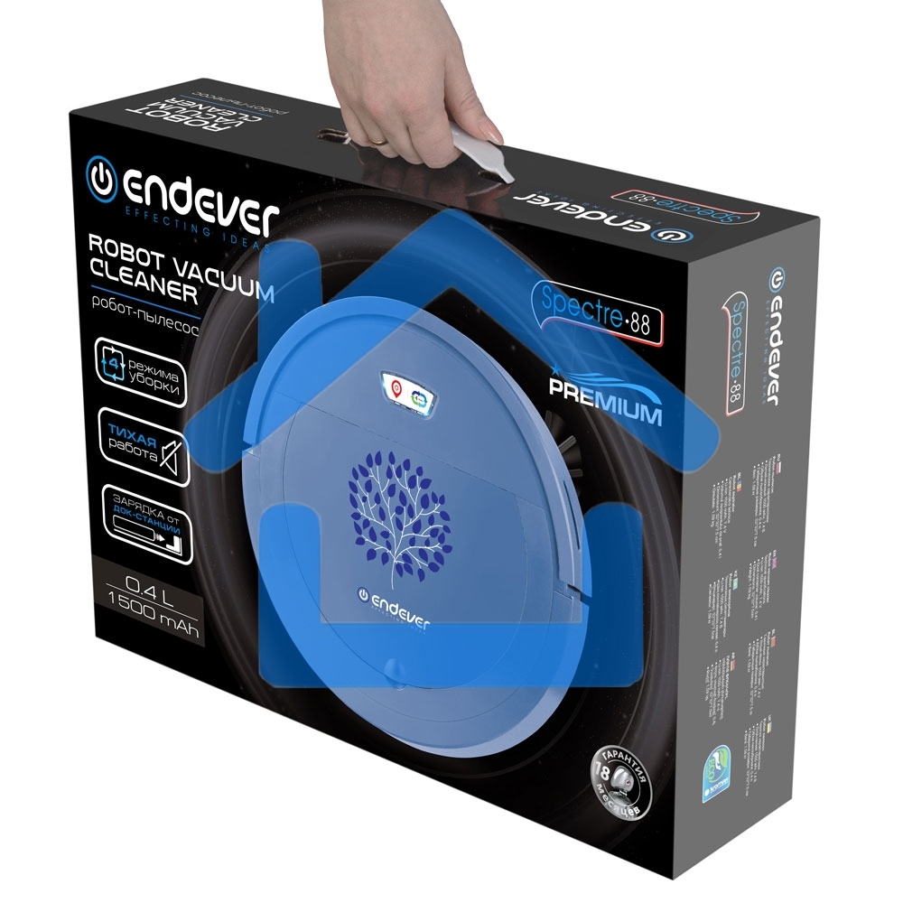 Робот-пылесос Endever Spectre-88 голубой, 1500 мА/ч Li-ion, уборка сухая/влажная, пылесборник контейнер 0.4 л