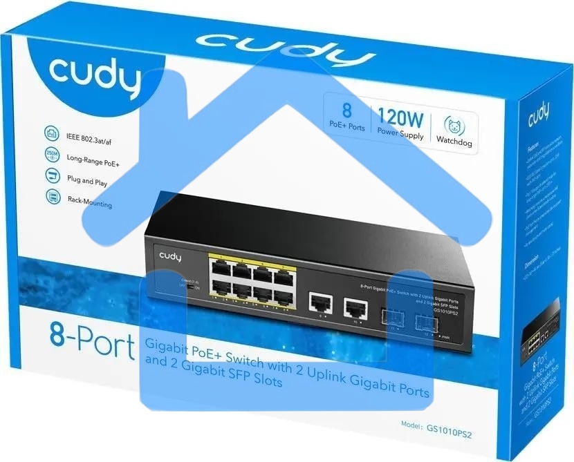 Коммутатор Cudy GS1010PS2, (L2) 10x1Gbит/с 2xКомбо(1000BASE-T/SFP) 2SFP 8PoE 120W, неуправляемый